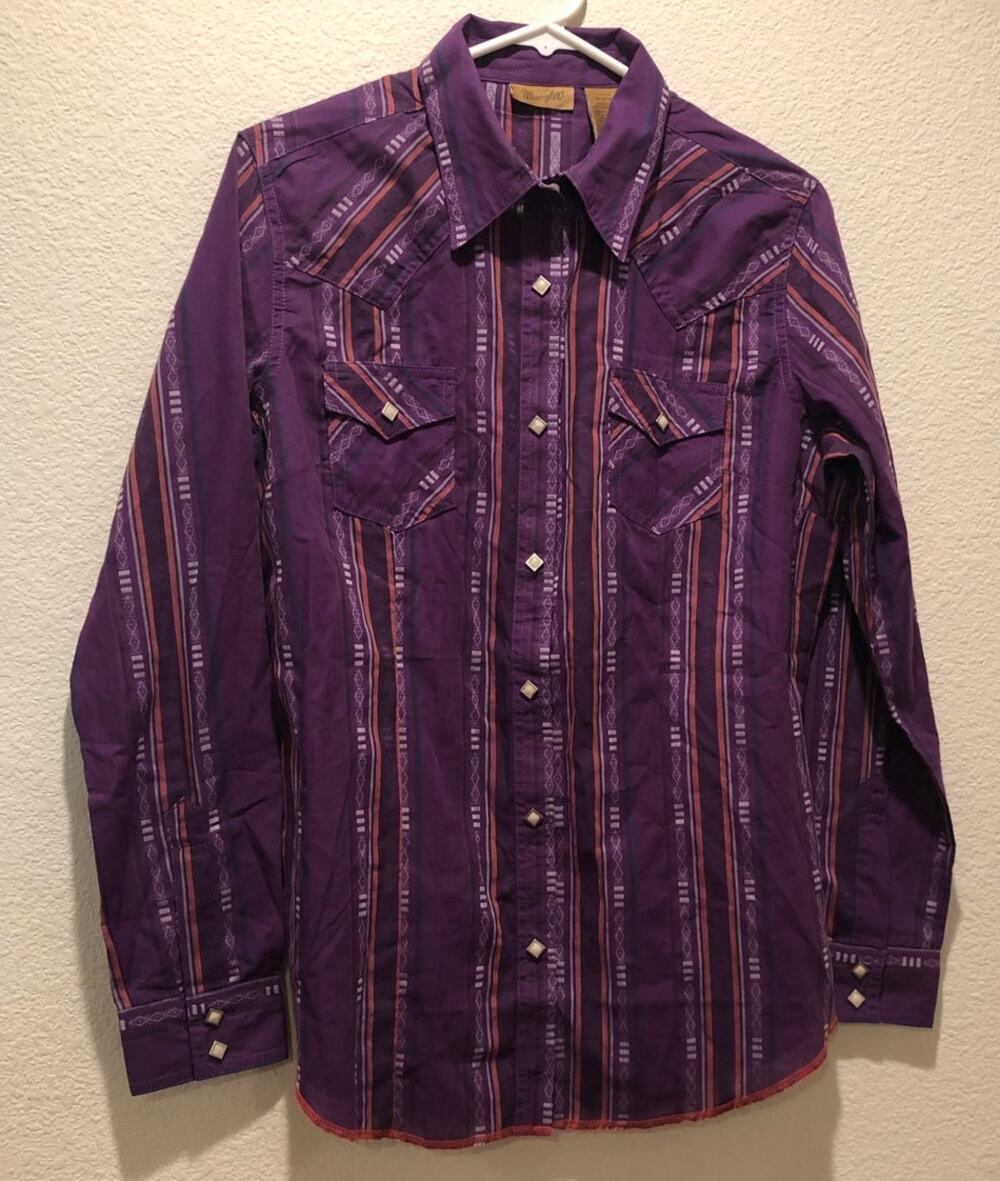 Wrangler NWT Purple Pink Striped Square Pearl Snap Button Down Shirt Size M